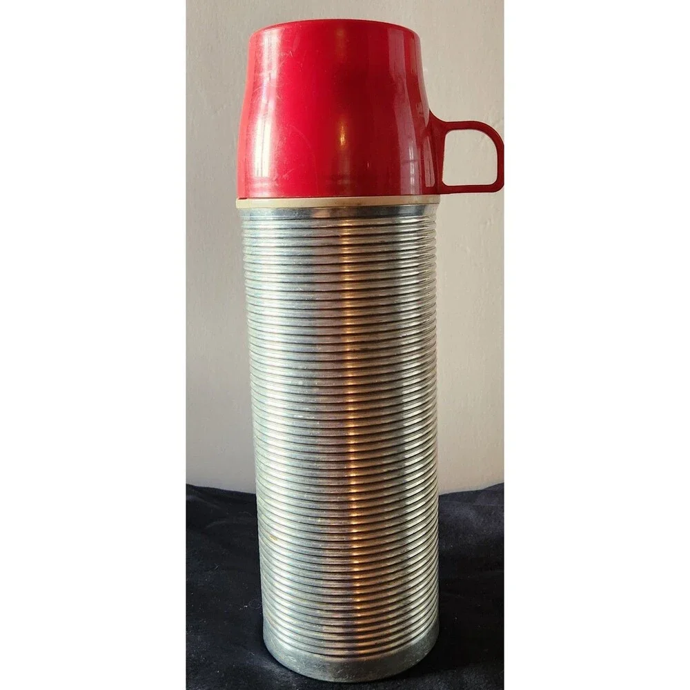 Vintage Thermos Ribbed Aluminum Red Top Vacuum Bottle Model # 2484 - Quart Size